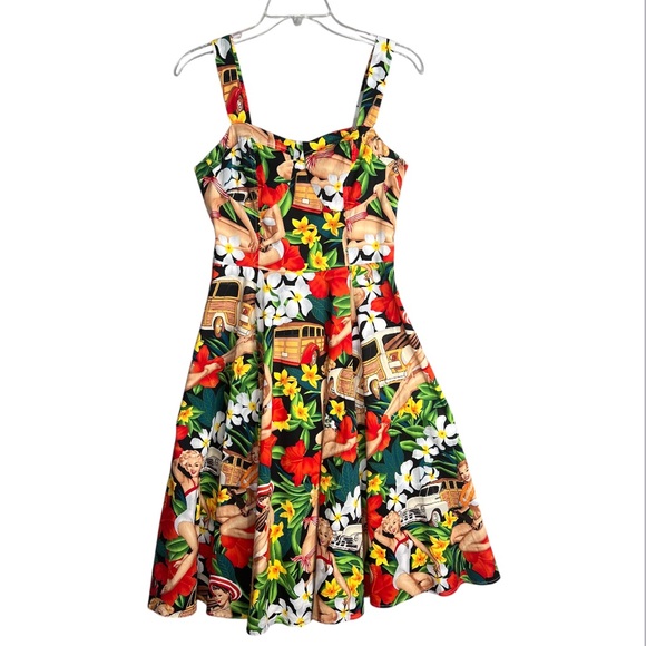 Belle Poque Womens Med Sleeveless Hawaiian Pin Up Girl A-Line Swing Midi Dress - Picture 5 of 15